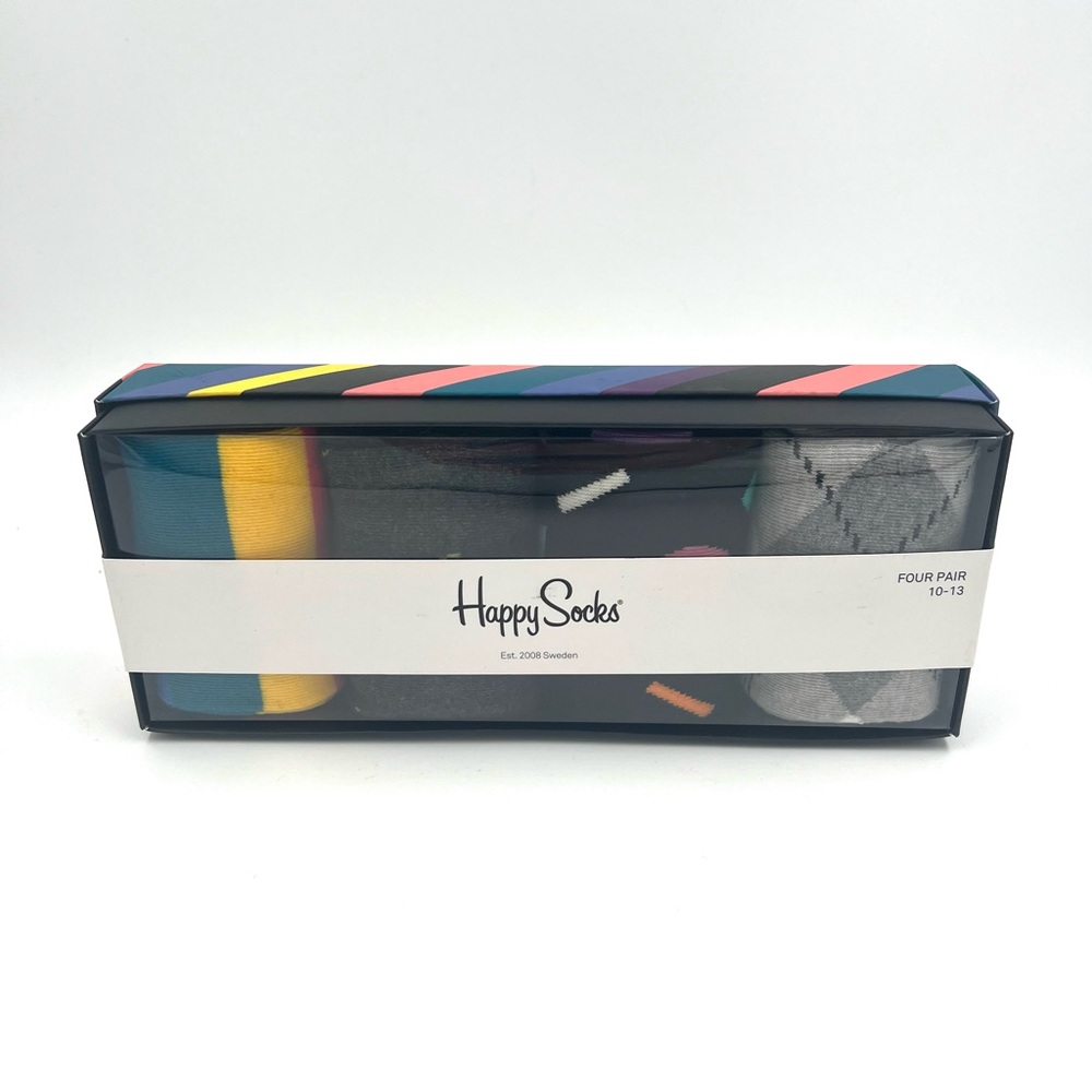 NEW Happy Socks Four‎ Pair Pack (10-13) Plaid/Stripe/Umbrella Print